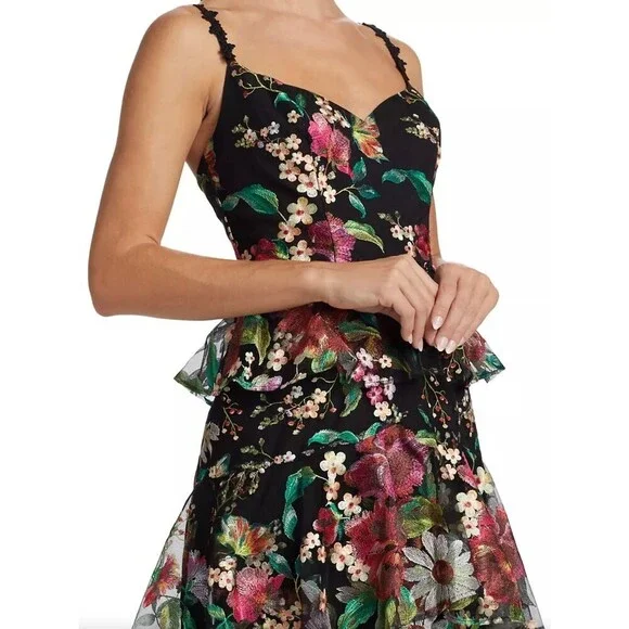 NWT $795 Marchesa Notte Tiered Floral Embroidered Dress Sz 4